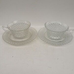 2 - Hocking Depression Glass Crystal MISS AMERICA Tea or Coffee Cups and Saucers